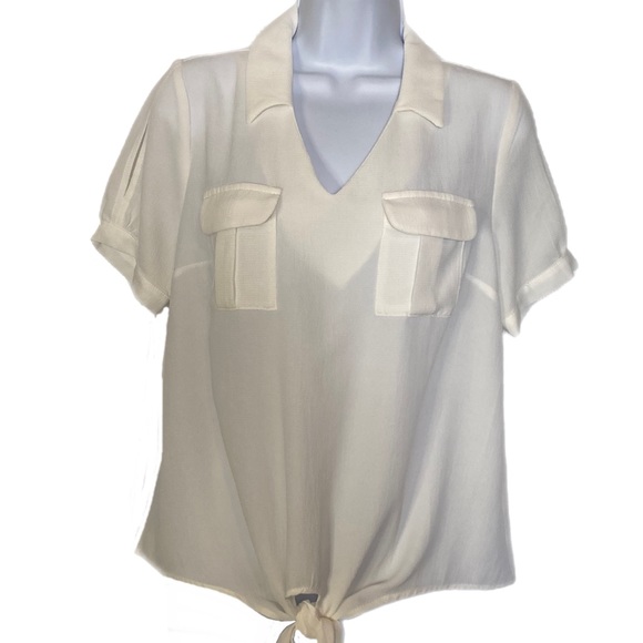 Monteau of Los Angeles L Pullover Top Women’s White Tie Front Short Sleeves - Picture 1 of 11